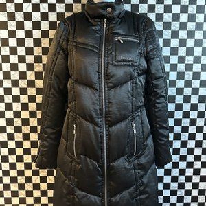 BEBE Long Black Satin Down Puffer Coat SIZE SM